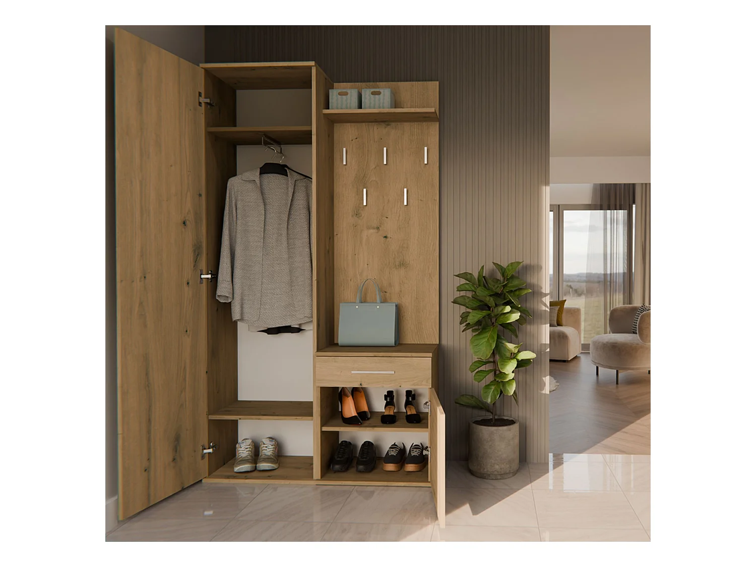 Flurgarderobe - mit Schrank und Spiegel - Eiche Artisan - 100 cm - DUVIO