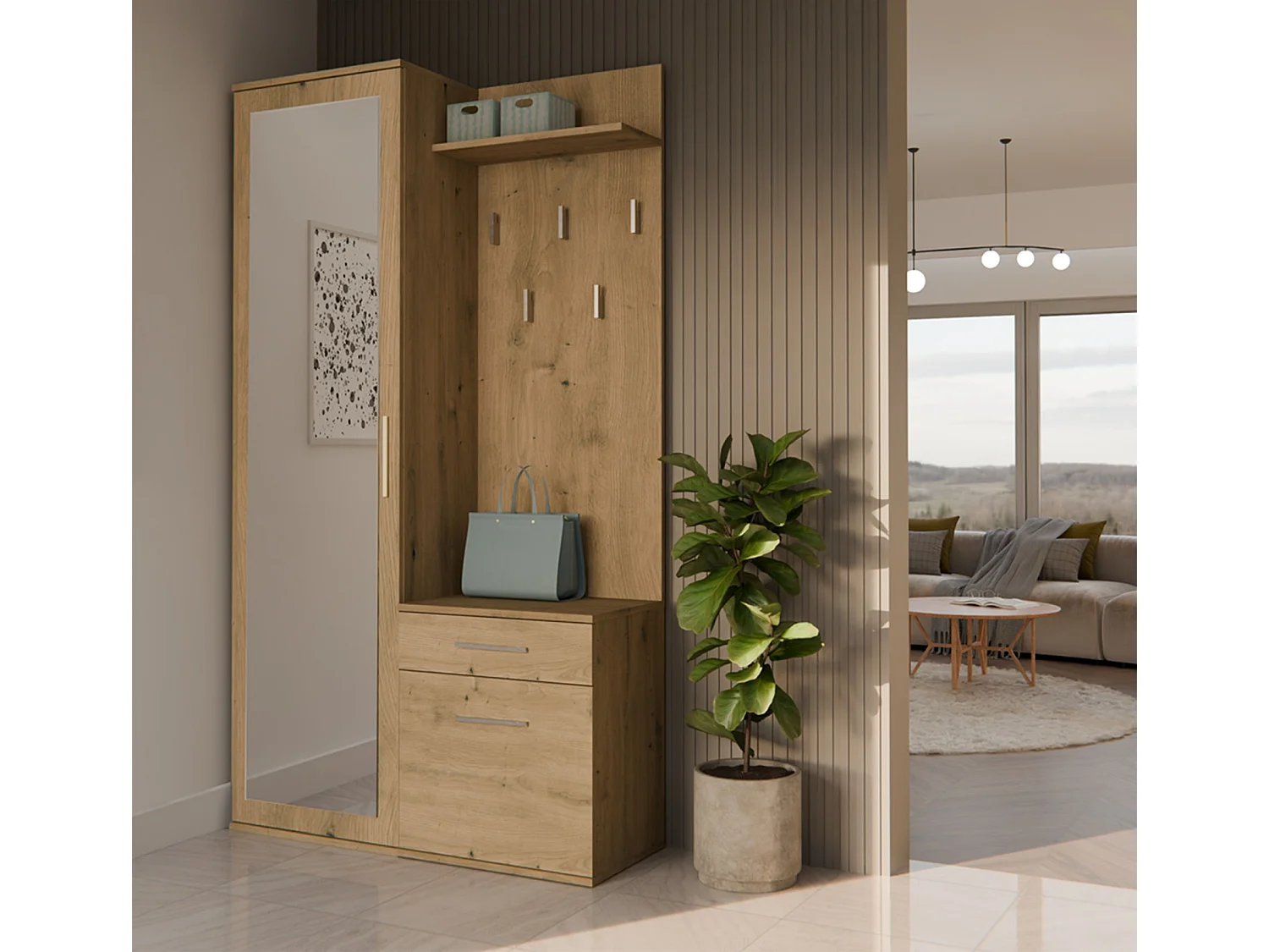 Ensemble d'entrée avec miroir – 100 cm – chêne artisan – DUVIO