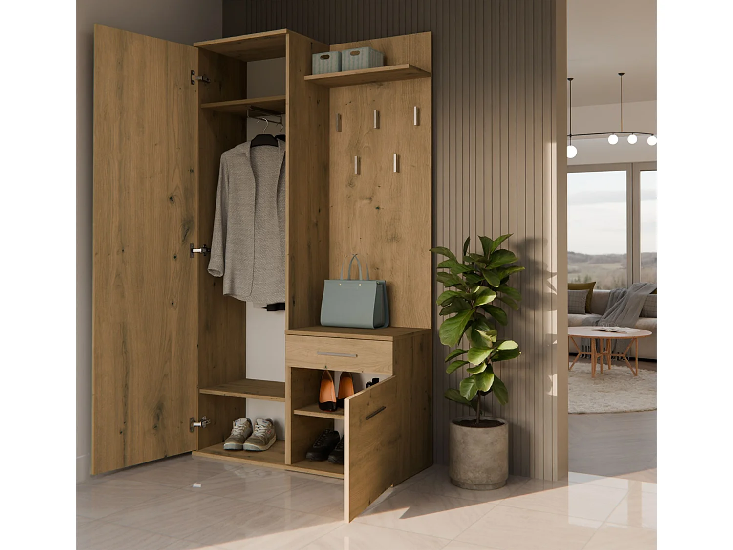 Ensemble d'entrée avec miroir – 100 cm – chêne artisan – DUVIO