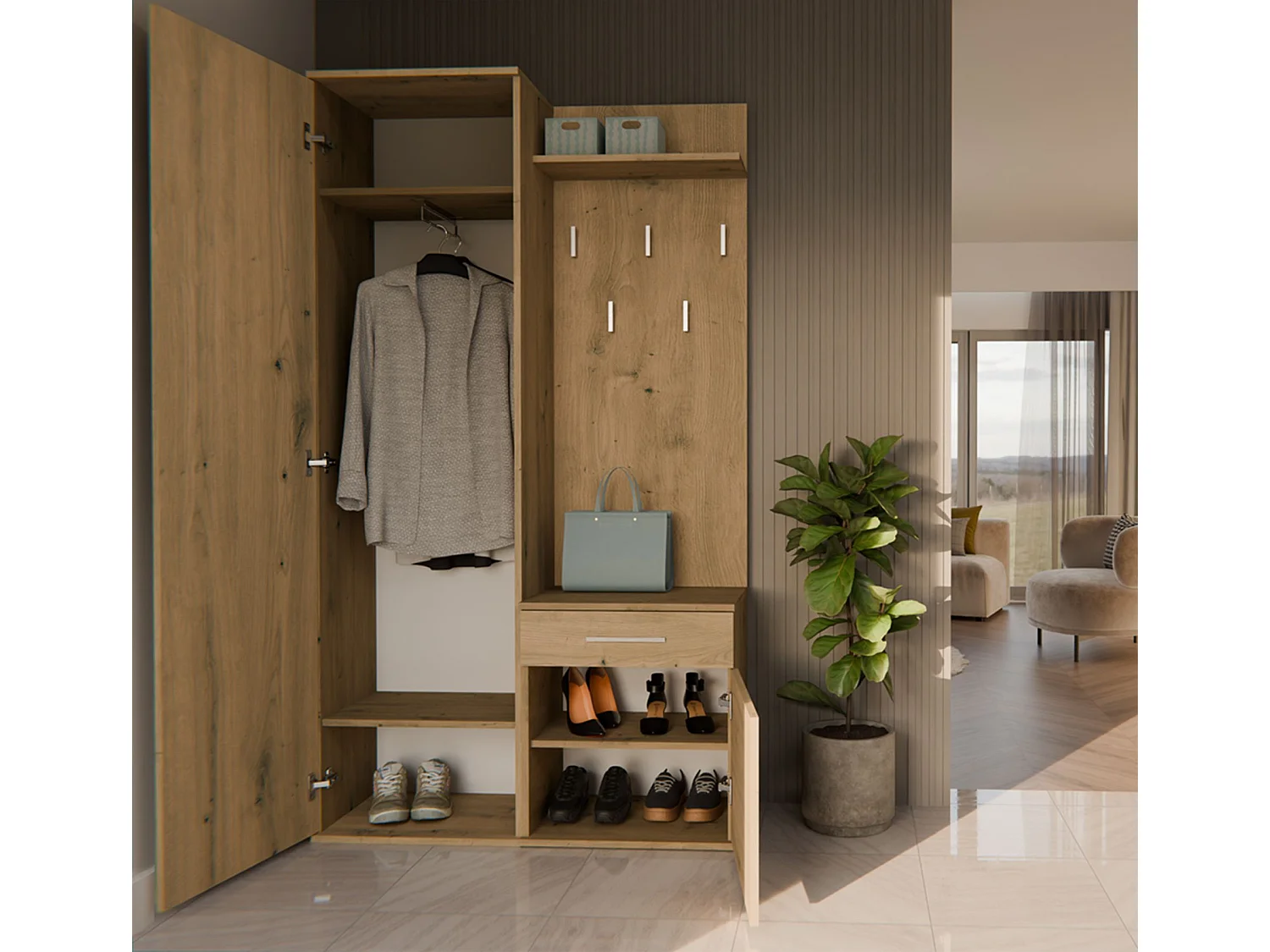 Ensemble d'entrée avec miroir – 100 cm – chêne artisan – DUVIO