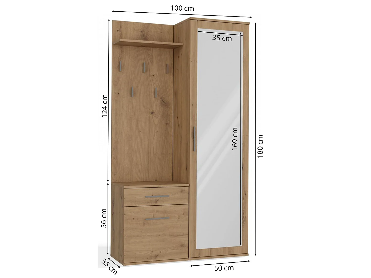 Ensemble d'entrée avec miroir – 100 cm – chêne artisan – DUVIO