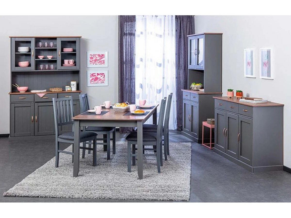 Vaisselier / vitrine en pin massif foncé et gris - L.131 x H.191 x P.45 cm