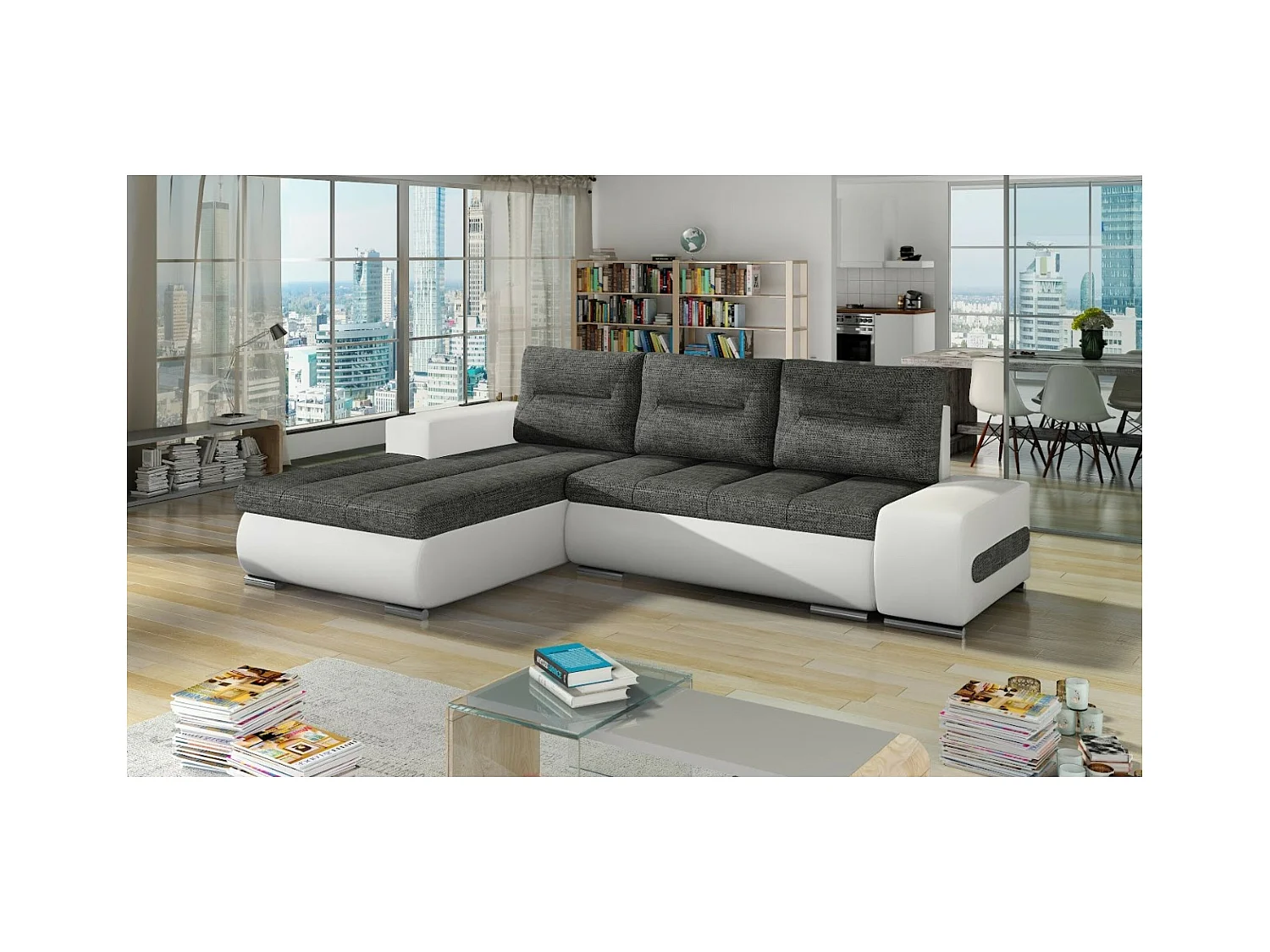 Canapé Corner Legero L / En Stock/revêtement tissu/Gris&Blanc