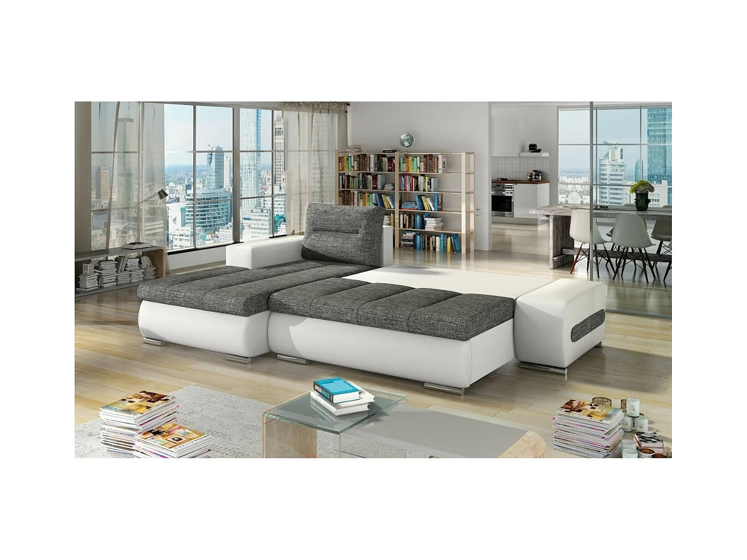 Canapé Corner Legero L / En Stock/revêtement tissu/Gris&Blanc