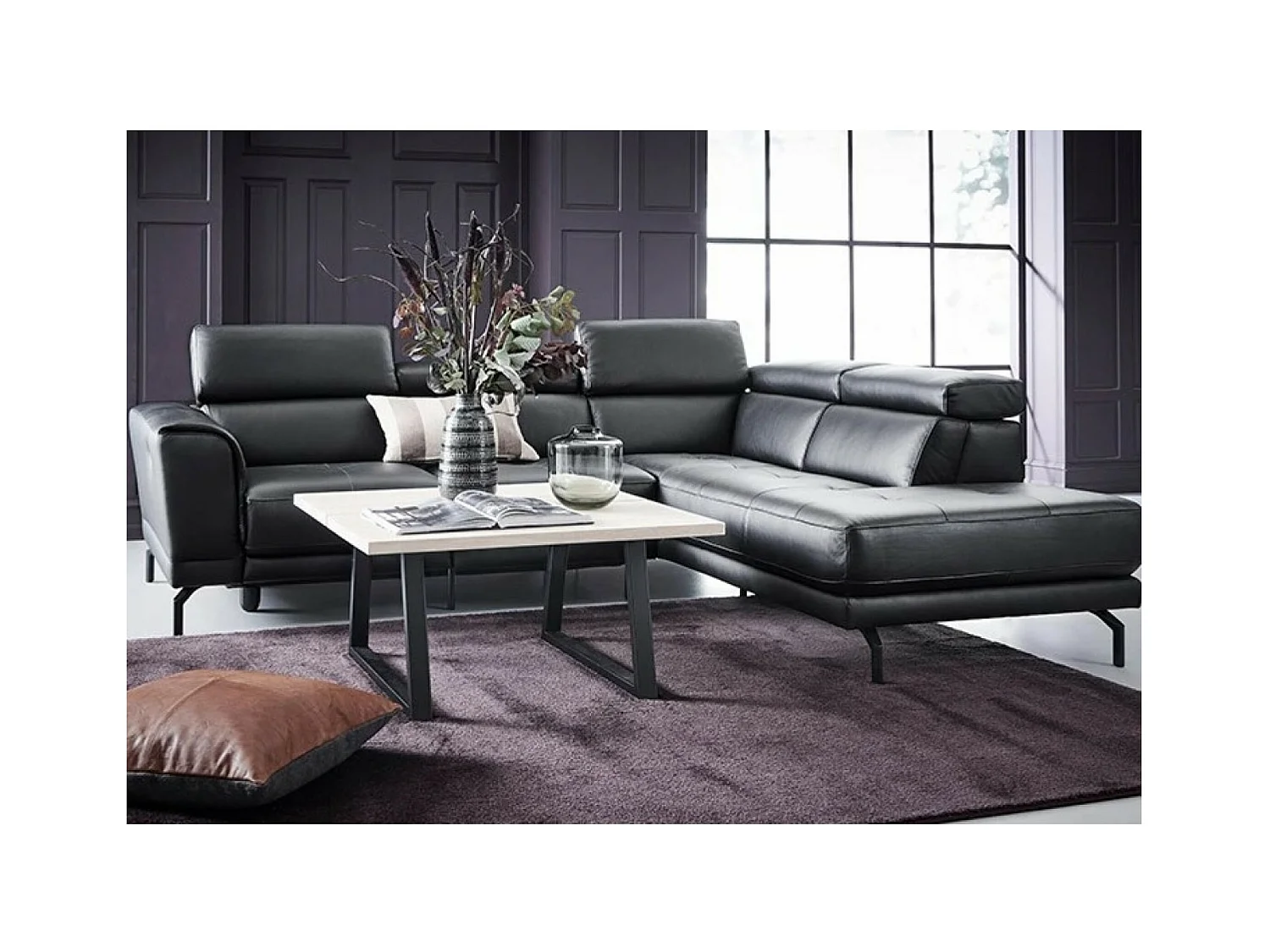 Divano d'angolo San Remo Grande R (Pelle)/rivestimento in tessut/Nero