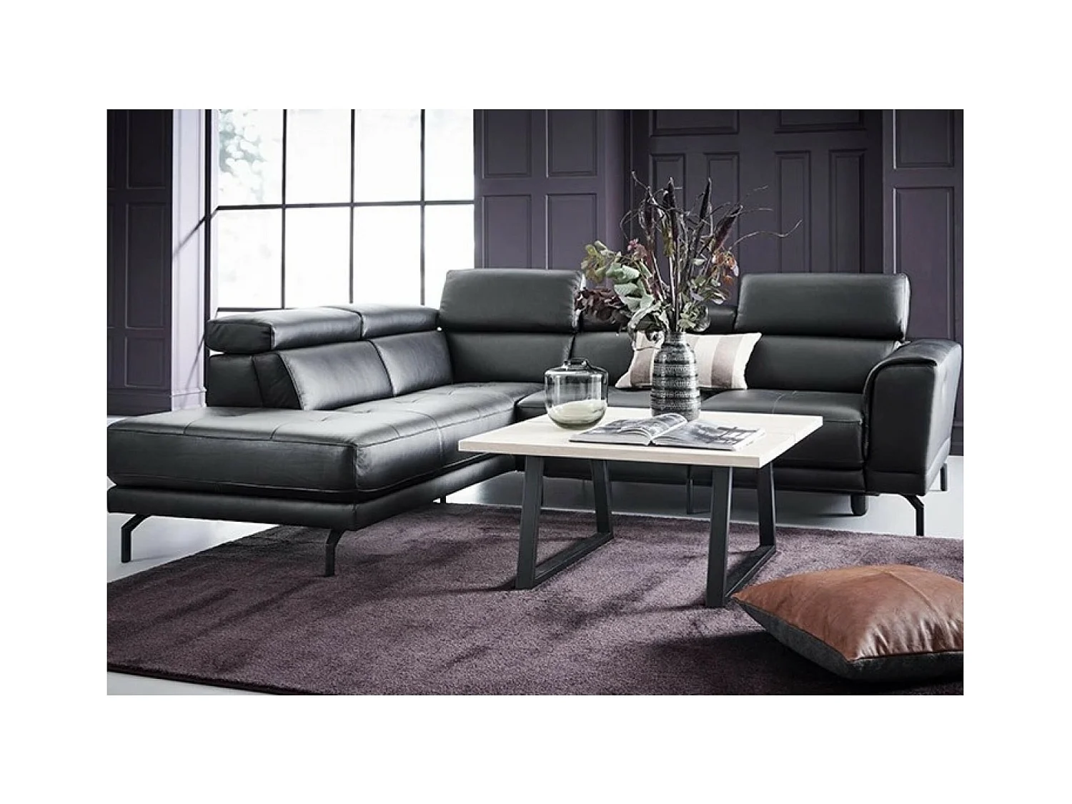 Divano d'angolo San Remo Grande L (Pelle)/rivestimento in tessut/Nero