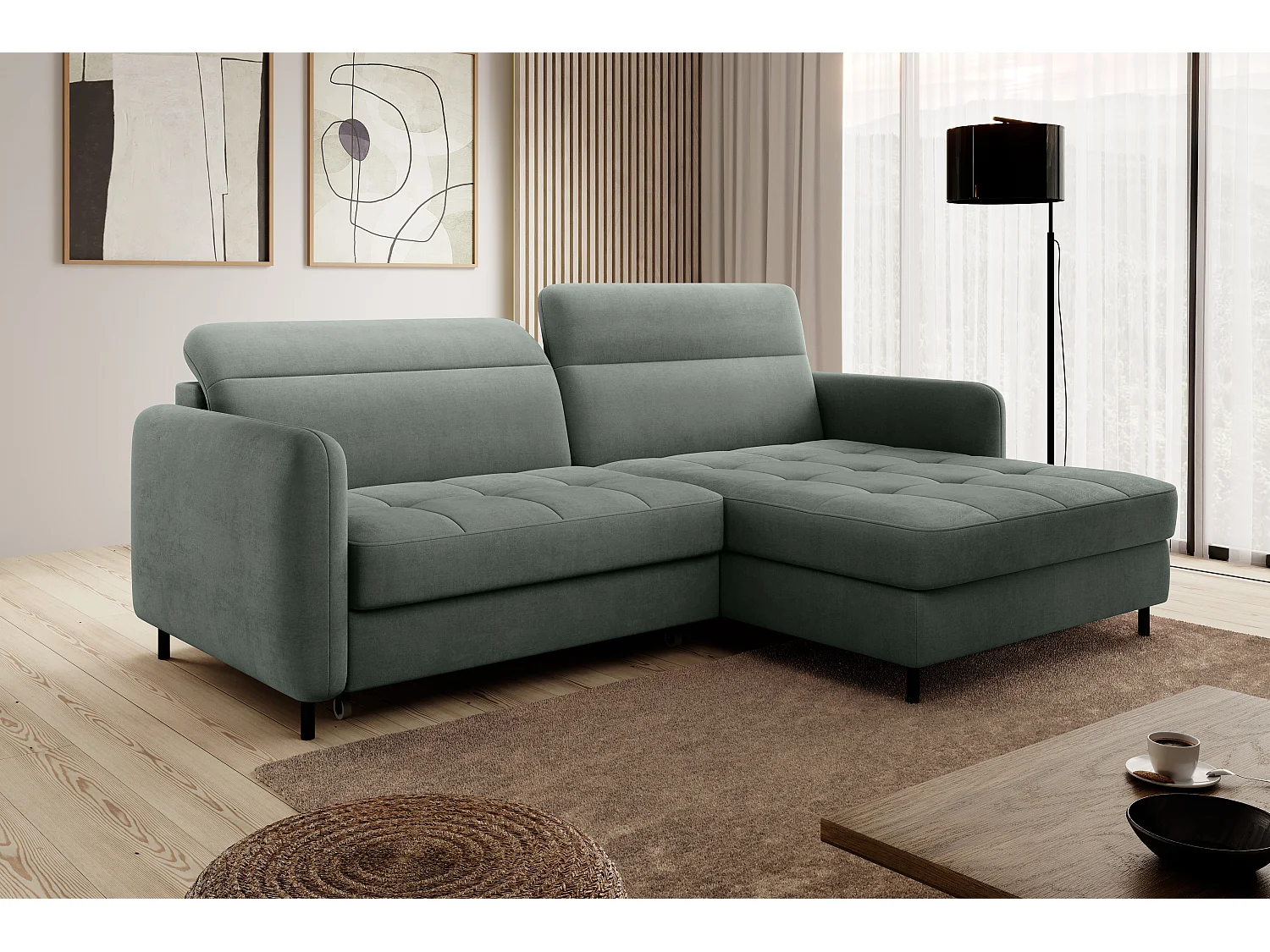 Divano d'angolo Tippo R / In Magazzino/rivestimento in tessut/Verde