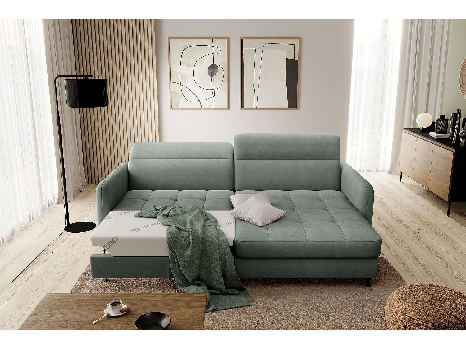 Divano d'angolo Tippo R / In Magazzino/rivestimento in tessut/Verde