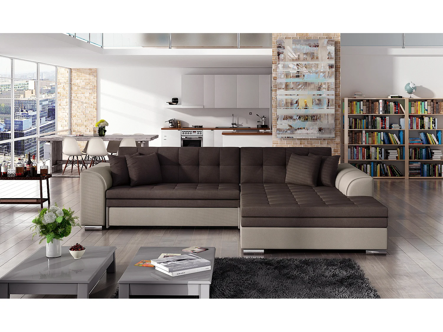 Divano d'angolo Oswald  R / In Magazzino/rivestimento in tessut/Marrone&Beie