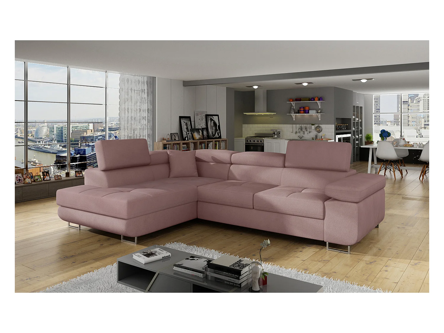 Divano d'angolo Rondon L / In Magazzino/rivestimento in tessut/Rosa