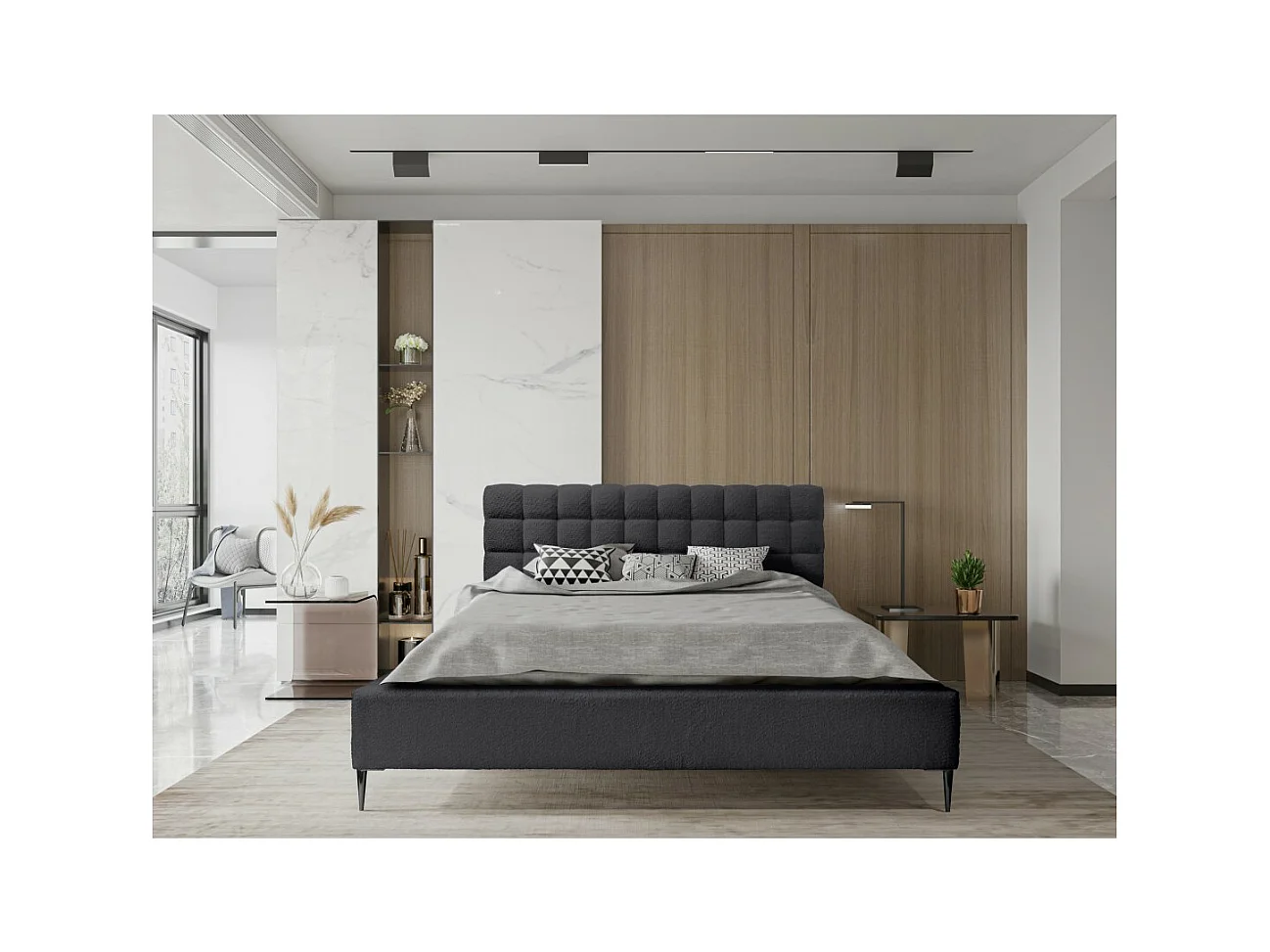 Cama MILLIO - Preta - 180x200 cm – Tecido chenille bouclé - Estrado incluído - Conforto de hotel 5 estrelas