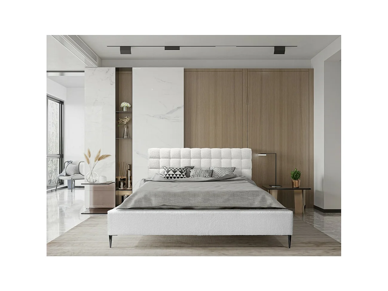 Lit MILLIO – Ivoire – 180x200 cm – Tissu chenille bouclé – Sommier inclus – Confort hôtel 5 étoiles