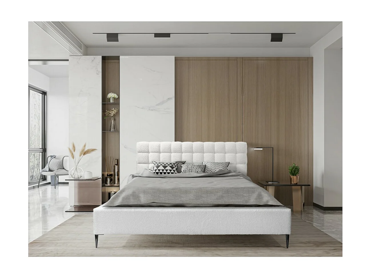 Cama MILLIO – Marfil – 180x200 cm – Tela de chenilla rizada – Somier incluido – Confort de hotel de 5 estrellas