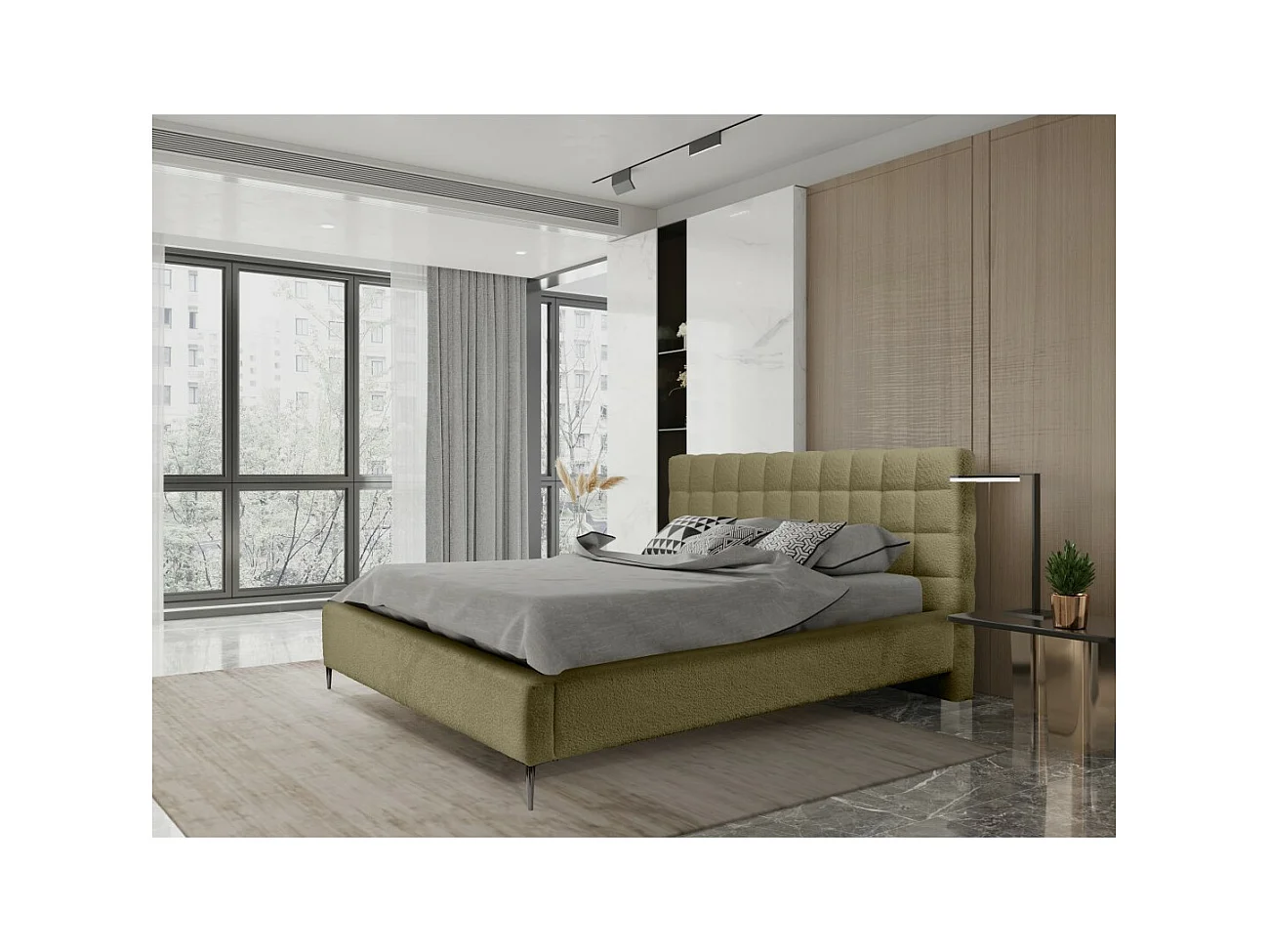 Cama MILLIO – Oliva – 180x200 cm – Tela chenilla buclé – Somier incluido – Confort de hotel 5 estrellas