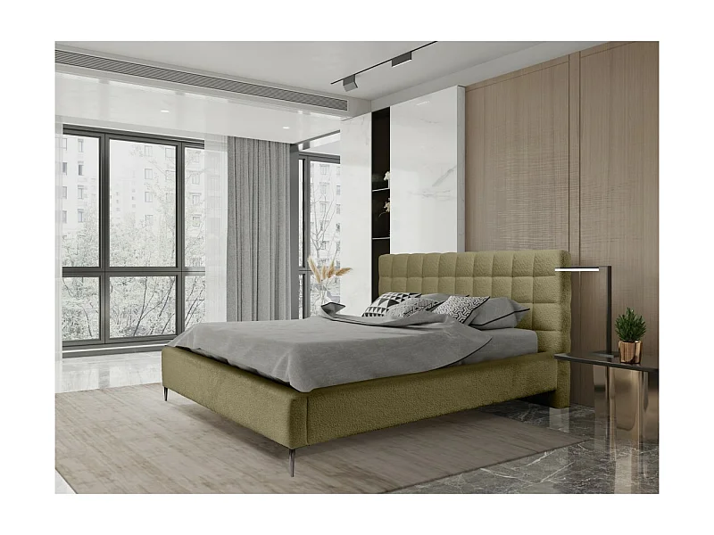 Cama MILLIO – Oliva – 180x200 cm – Tela chenilla buclé – Somier incluido – Confort de hotel 5 estrellas