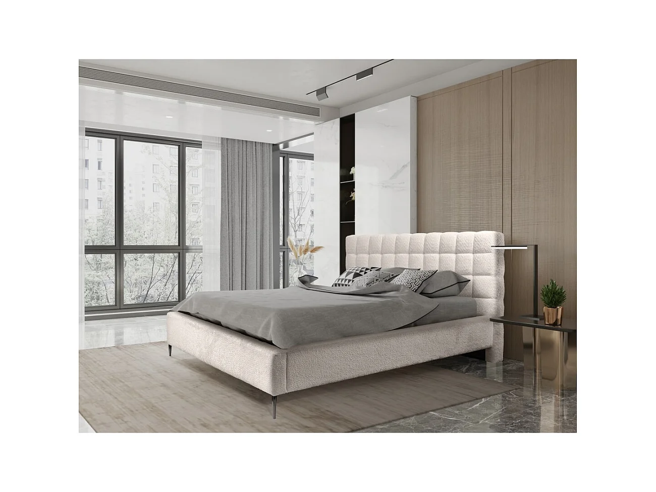 Cama MILLIO – Creme – 160x200 cm – Tecido chenille bouclé – Estrado incluído – Conforto de hotel 5 estrelas