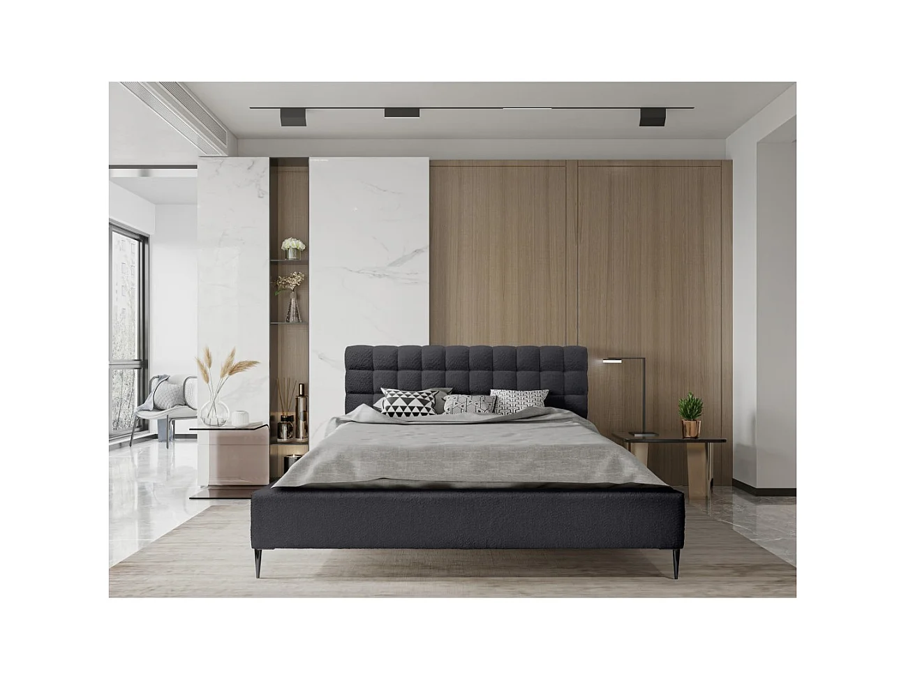 Cama MILLIO – Negra – 140x200 cm – Tela de chenilla rizada – Somier incluido – Confort de hotel 5 estrellas