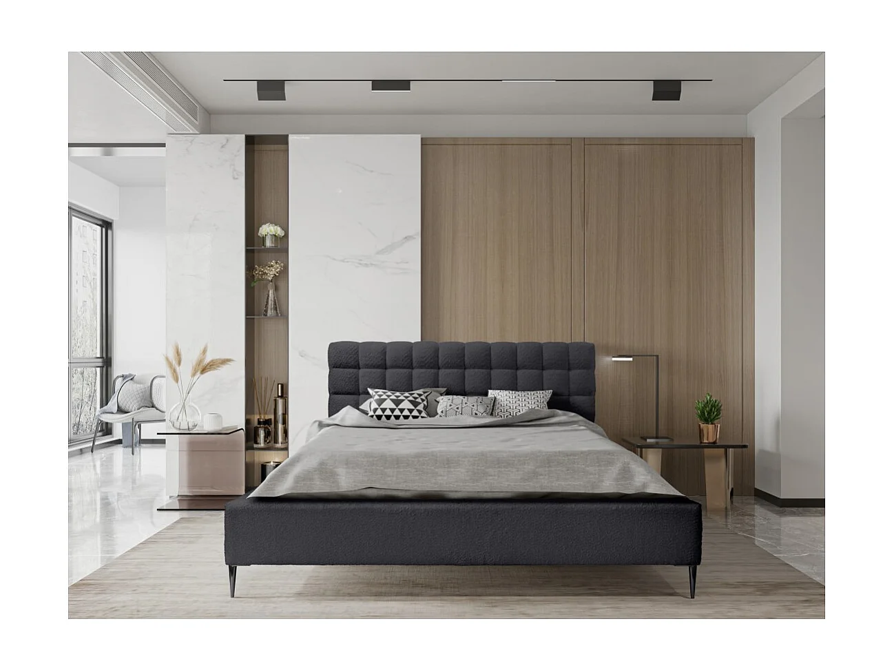 Cama MILLIO – Negra – 140x200 cm – Tela de chenilla rizada – Somier incluido – Confort de hotel 5 estrellas