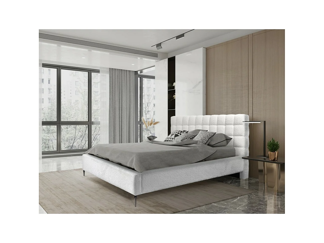 Cama MILLIO – Marfim – 160x200 cm – Tecido chenille bouclé – Estrado incluído – Conforto de hotel 5 estrelas