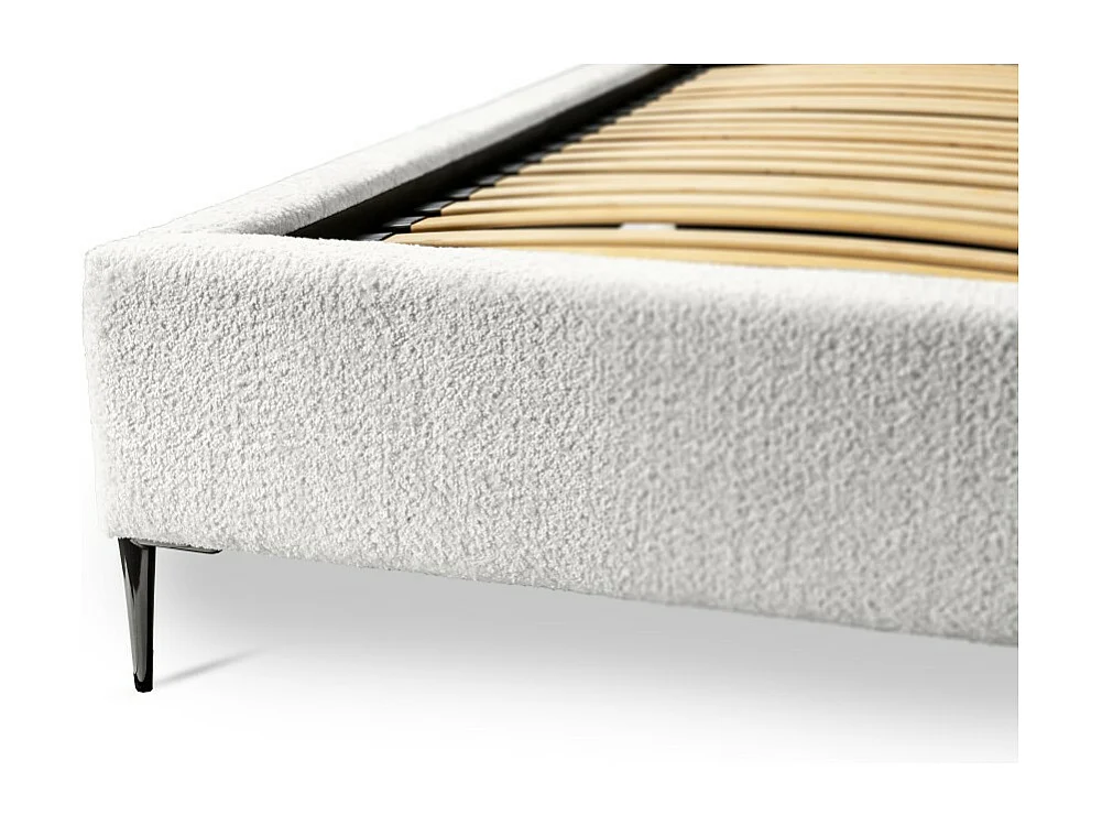 Lit MILLIO – Ivoire – 160x200 cm – Tissu chenille bouclé – Sommier inclus – Confort hôtel 5 étoiles