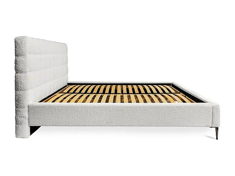 Lit MILLIO – Ivoire – 160x200 cm – Tissu chenille bouclé – Sommier inclus – Confort hôtel 5 étoiles