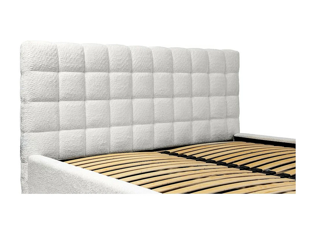 Lit MILLIO – Ivoire – 160x200 cm – Tissu chenille bouclé – Sommier inclus – Confort hôtel 5 étoiles