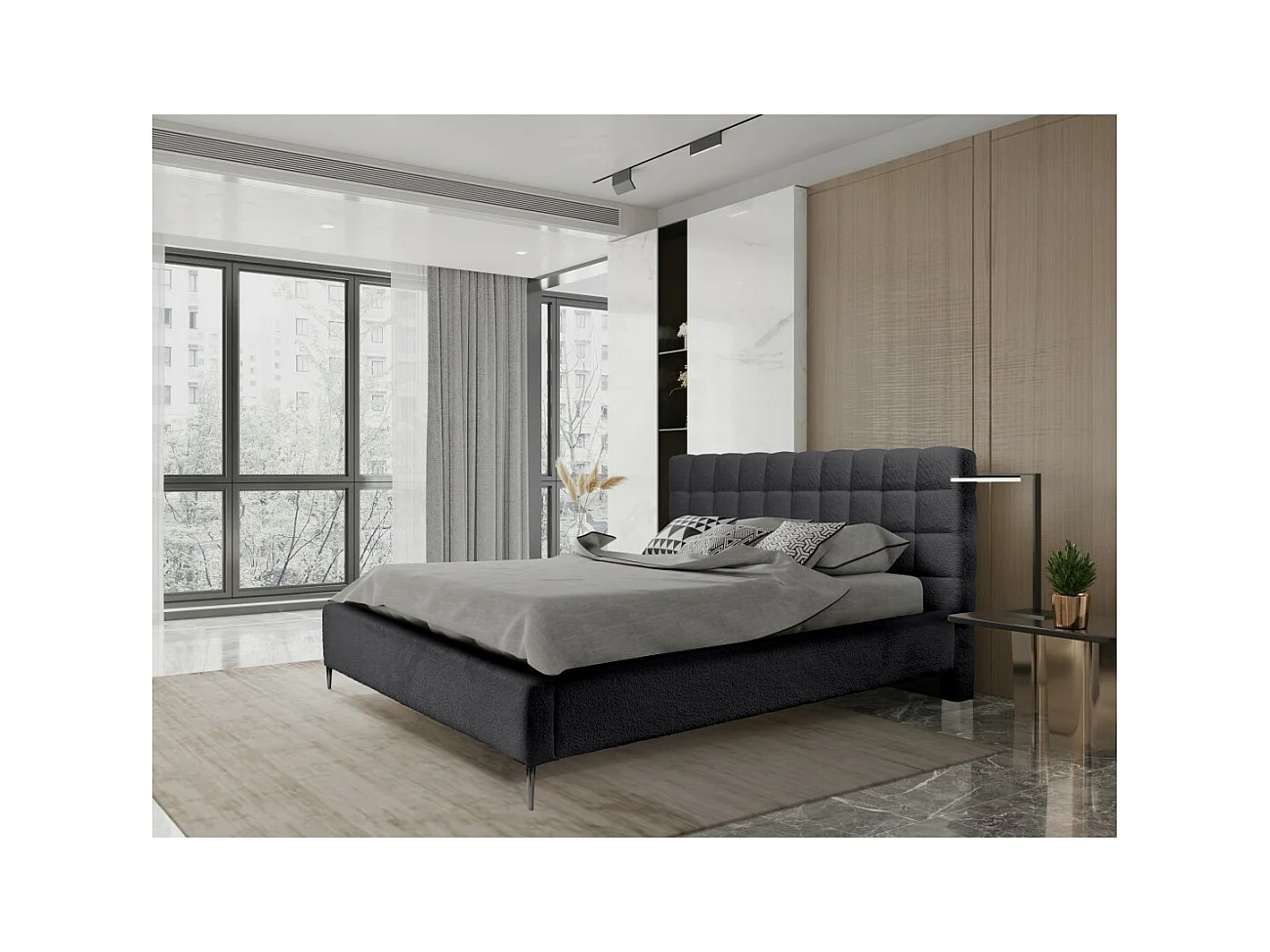 Cama MILLIO – Negra – 160x200 cm – Tejido de chenilla rizado – Somier incluido – Confort de hotel 5 estrellas