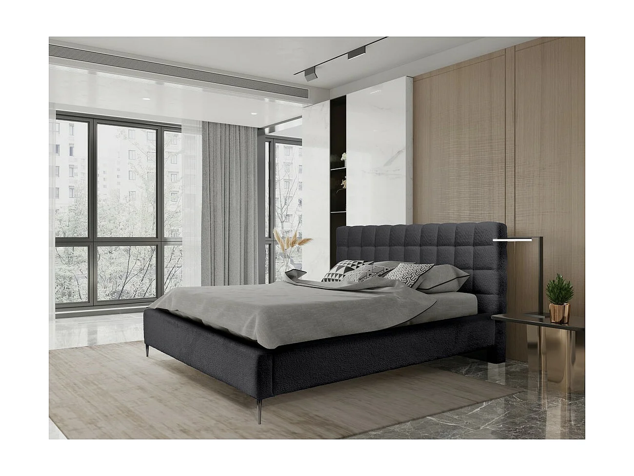 Cama MILLIO – Negra – 160x200 cm – Tejido de chenilla rizado – Somier incluido – Confort de hotel 5 estrellas