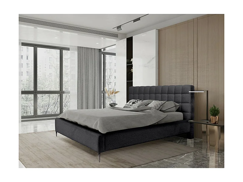 Cama MILLIO – Negra – 160x200 cm – Tejido de chenilla rizado – Somier incluido – Confort de hotel 5 estrellas