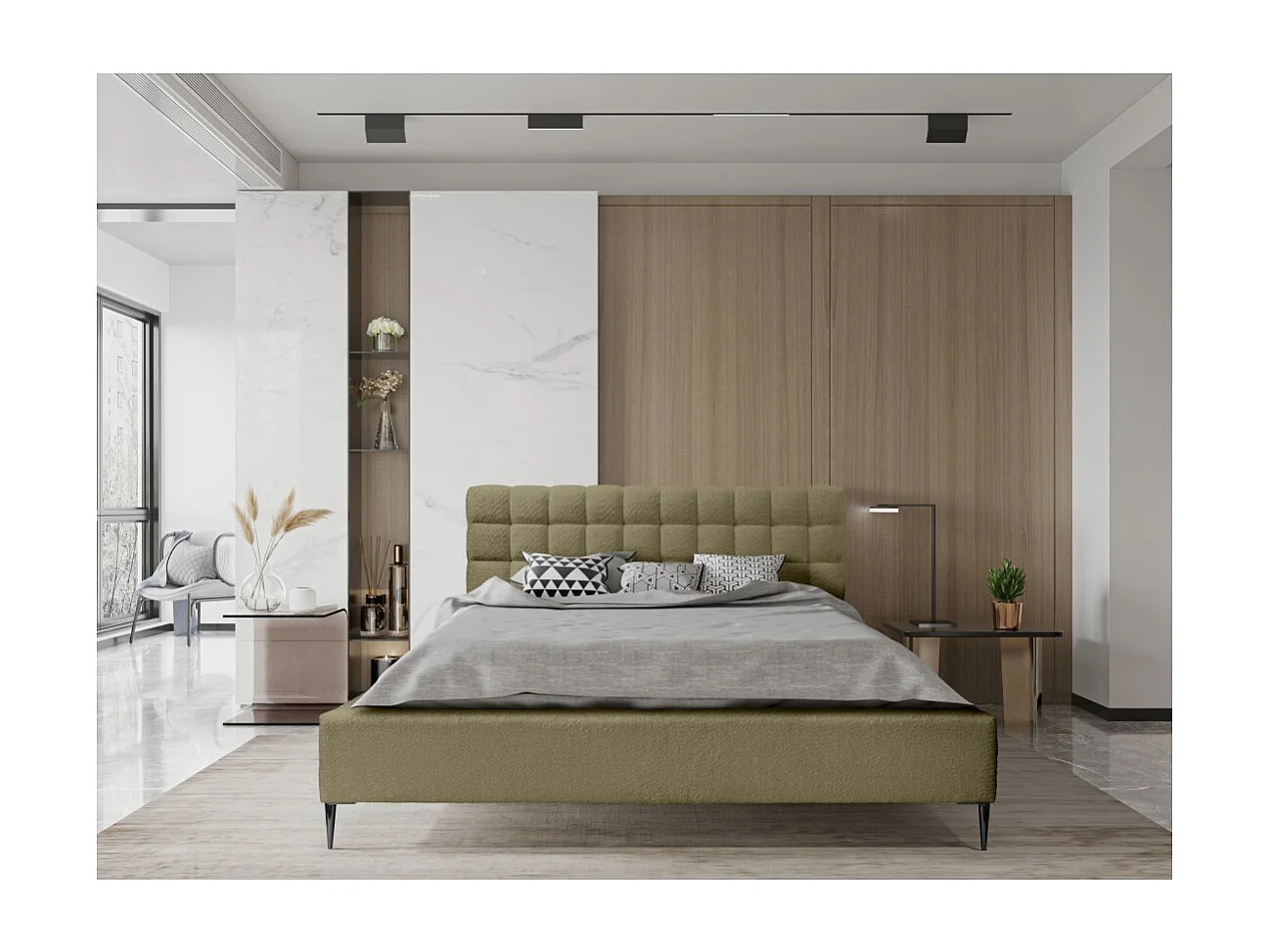 Cama MILLIO – Caqui – 160x200 cm – Tela de chenilla rizada – Somier incluido – Confort de hotel 5 estrellas