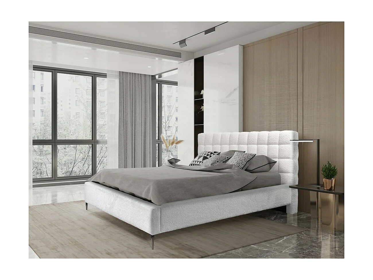 Lit MILLIO – Ivoire – 140x200 cm – Tissu chenille bouclé – Sommier inclus – Confort hôtel 5 étoiles