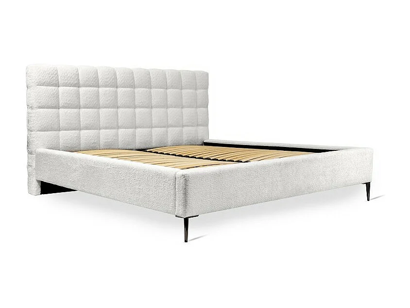 Lit MILLIO – Ivoire – 140x200 cm – Tissu chenille bouclé – Sommier inclus – Confort hôtel 5 étoiles