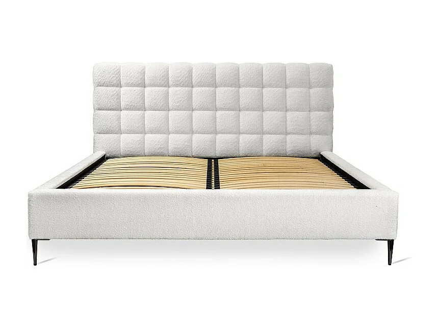 Lit MILLIO – Ivoire – 140x200 cm – Tissu chenille bouclé – Sommier inclus – Confort hôtel 5 étoiles