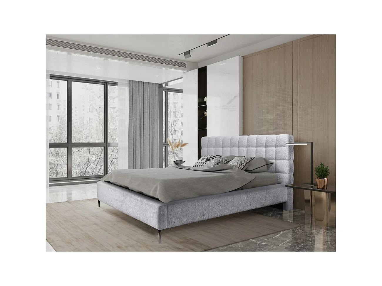 Cama MILLIO – Branca – 140x200 cm – Tecido chenille bouclé – Estrado incluído – Conforto de hotel 5 estrelas