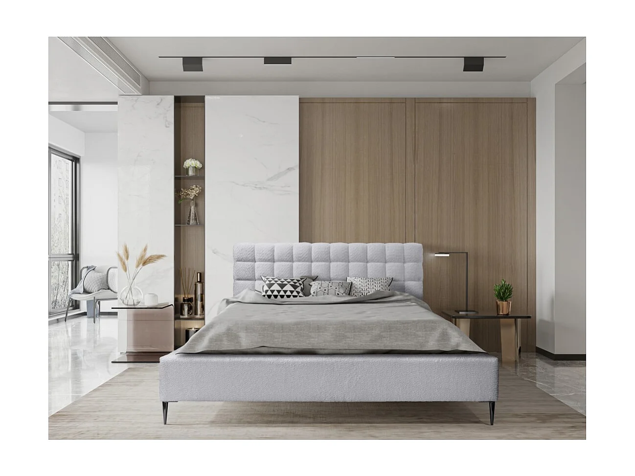 Cama MILLIO – Blanca – 160x200 cm – Tela de chenilla rizada – Somier incluido – Confort de hotel 5 estrellas