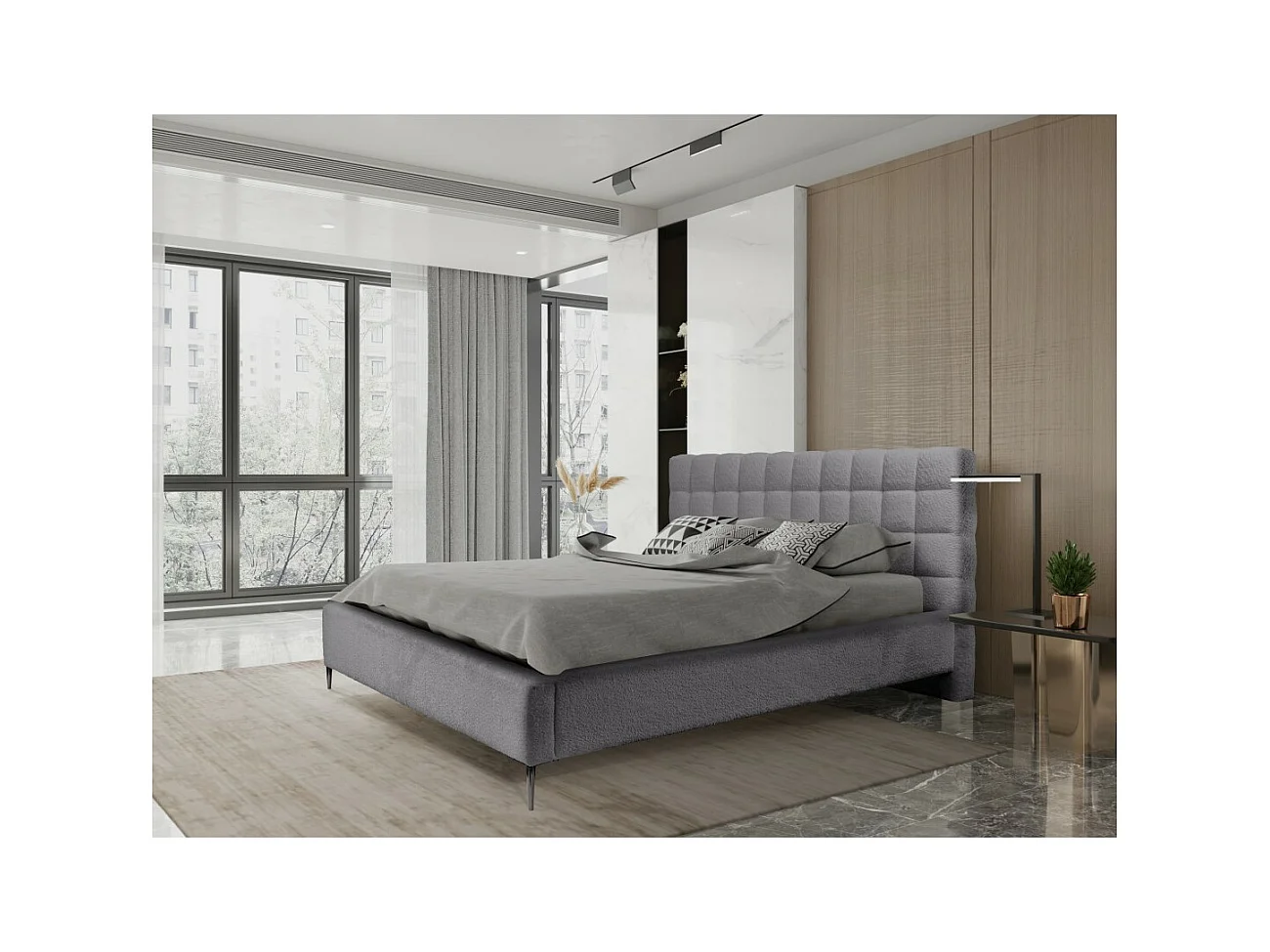Cama MILLIO – Gris antracita – 160x200 cm – Tela de chenilla rizada – Somier incluido – Confort de hotel de 5 estrellas