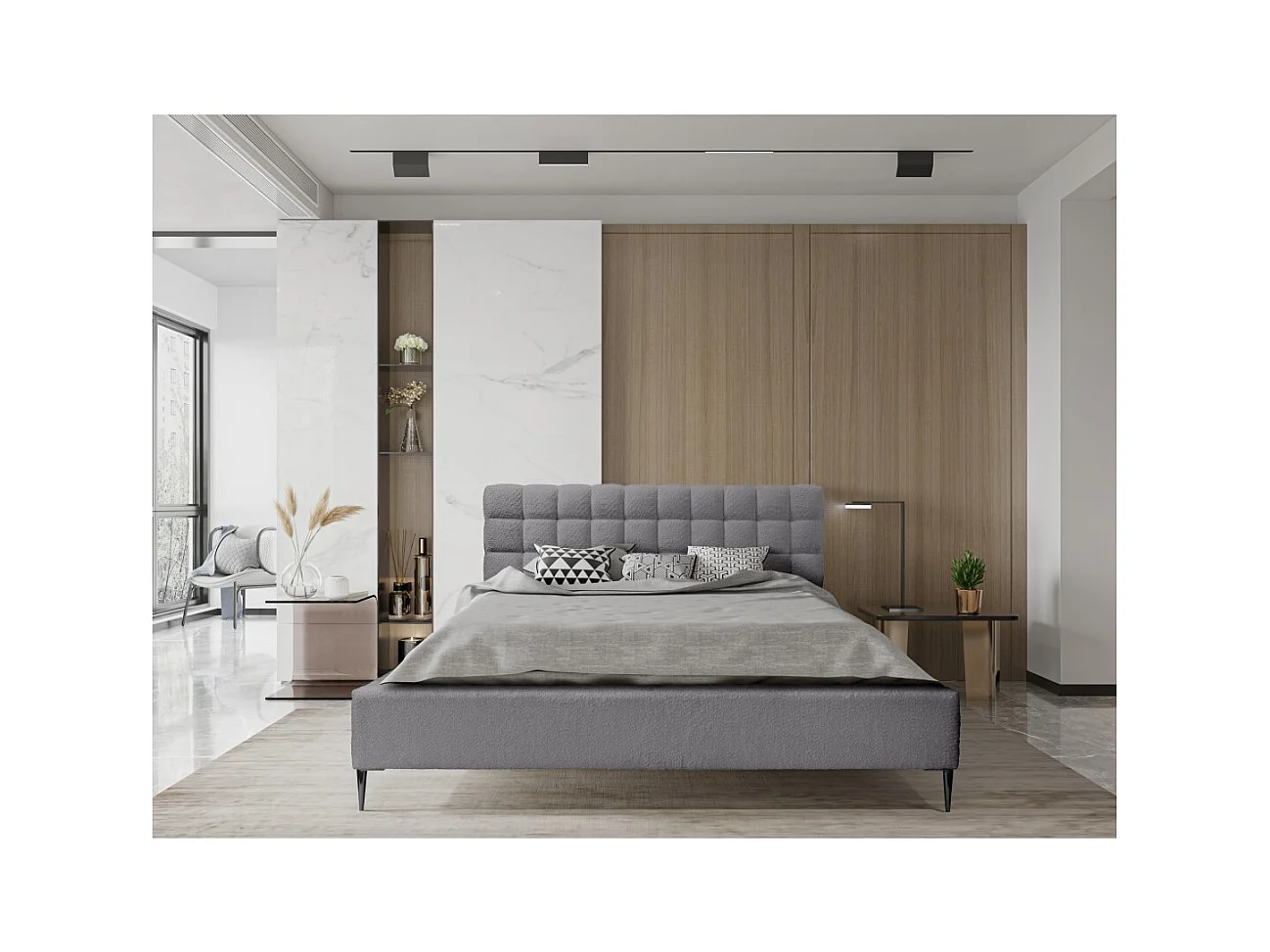 Cama MILLIO – Gris antracita – 160x200 cm – Tela de chenilla rizada – Somier incluido – Confort de hotel de 5 estrellas