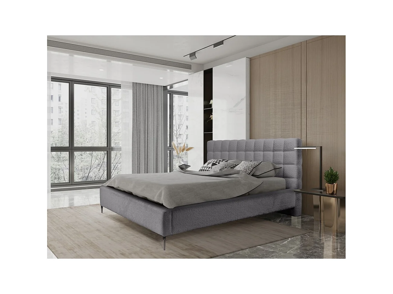 Cama MILLIO – Gris antracita – 140x200 cm – Tela de chenilla rizada – Somier incluido – Confort de hotel 5 estrellas