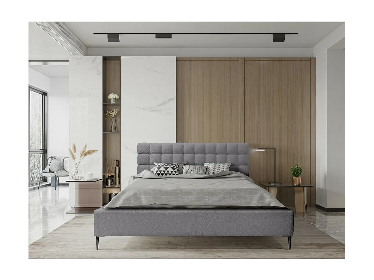 Cama MILLIO – Gris antracita – 140x200 cm – Tela de chenilla rizada – Somier incluido – Confort de hotel 5 estrellas
