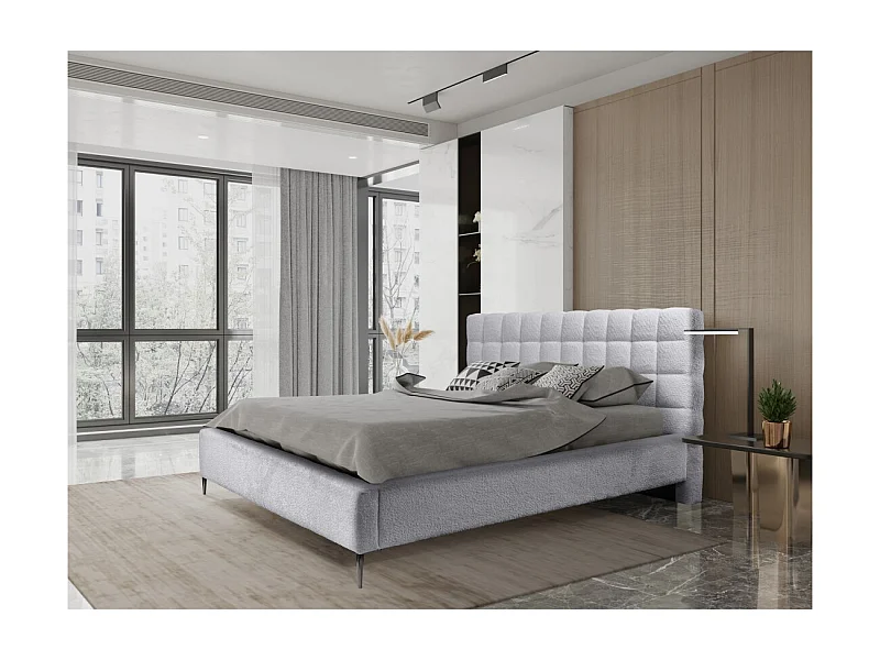Cama MILLIO – Blanca – 180x200 cm – Tela de chenilla rizada – Somier incluido – Confort de hotel 5 estrellas