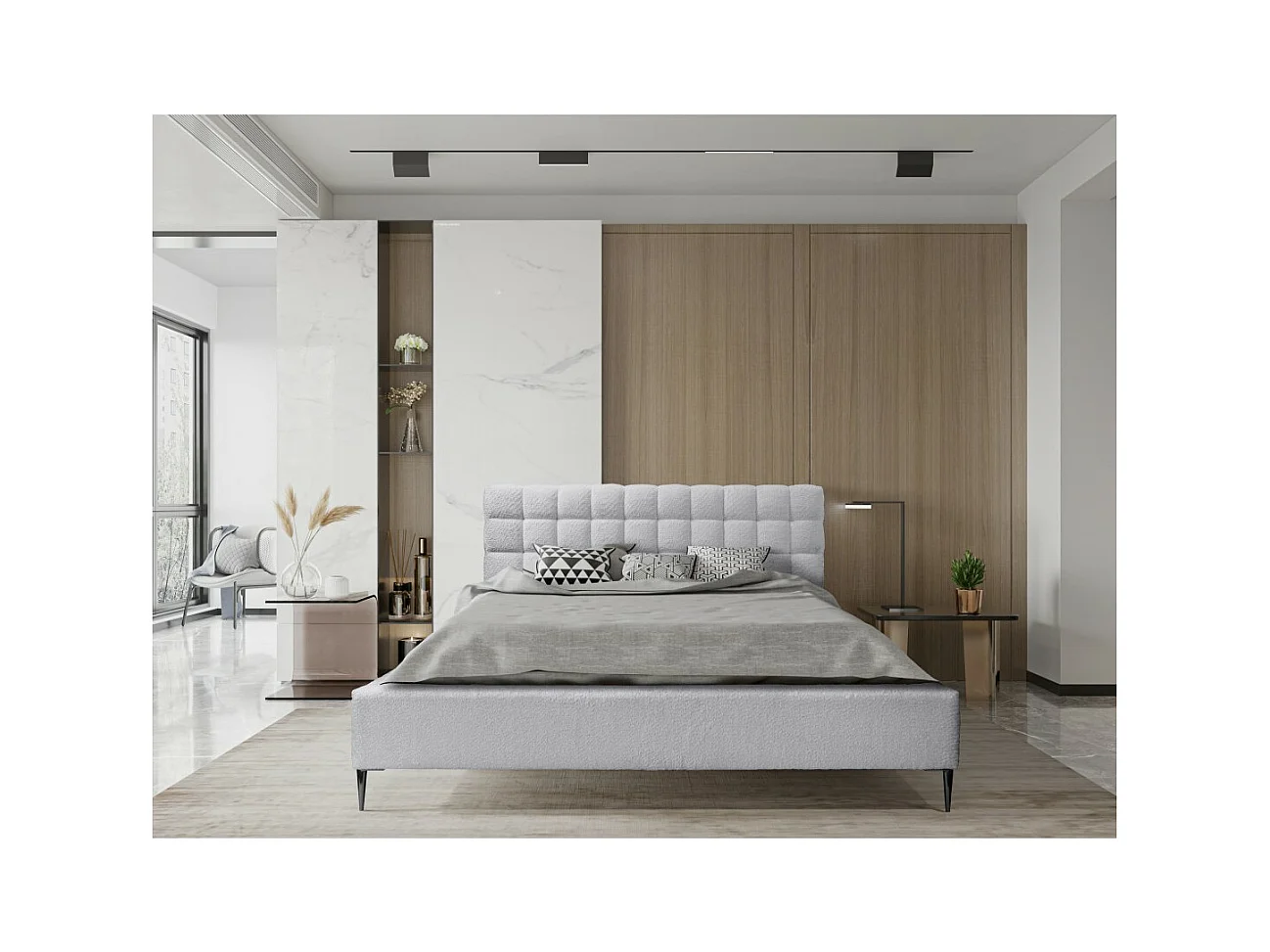 Cama MILLIO – Blanca – 180x200 cm – Tela de chenilla rizada – Somier incluido – Confort de hotel 5 estrellas