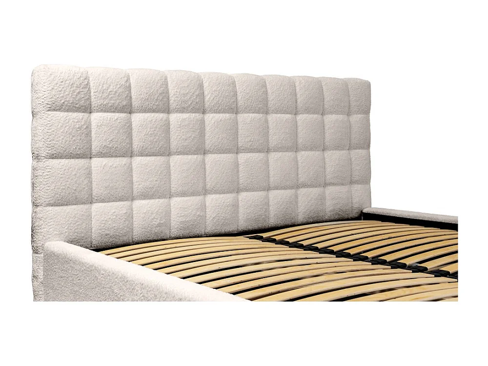 Lit MILLIO – Crème – 140x200 cm – Tissu chenille bouclé – Sommier inclus – Confort hôtel 5 étoiles