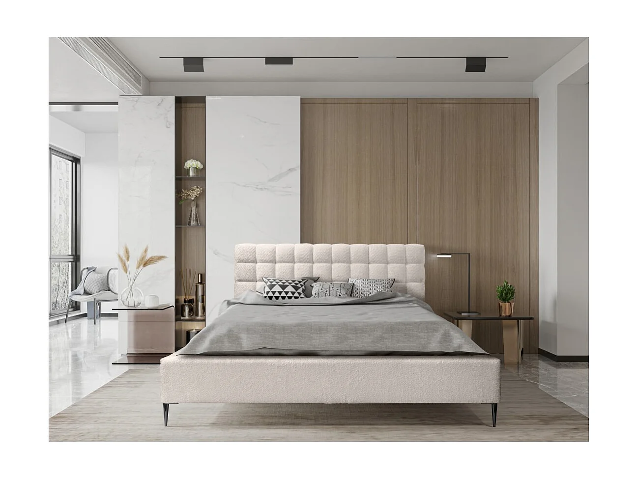 Cama MILLIO – Creme – 140x200 cm – Tecido chenille bouclê – Estrado incluído – Conforto de hotel 5 estrelas