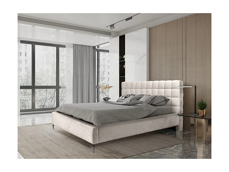 Cama MILLIO – Creme – 140x200 cm – Tecido chenille bouclê – Estrado incluído – Conforto de hotel 5 estrelas