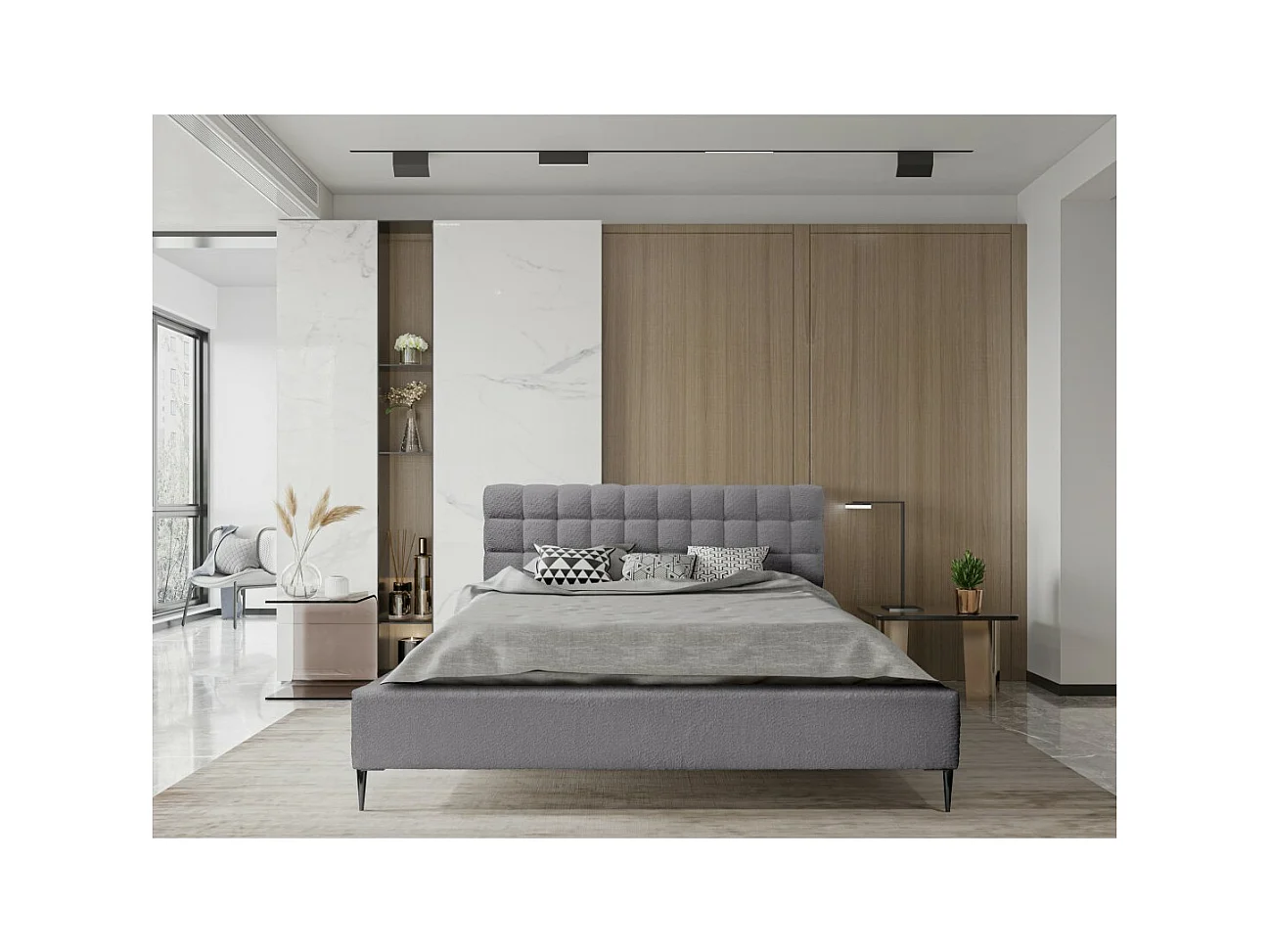 Cama MILLIO – Gris antracita – 180x200 cm – Tela chenilla rizada – Somier incluido – Confort de hotel de 5 estrellas