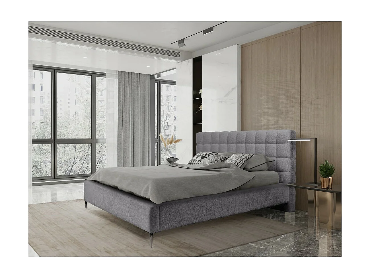 Cama MILLIO – Gris antracita – 180x200 cm – Tela chenilla rizada – Somier incluido – Confort de hotel de 5 estrellas
