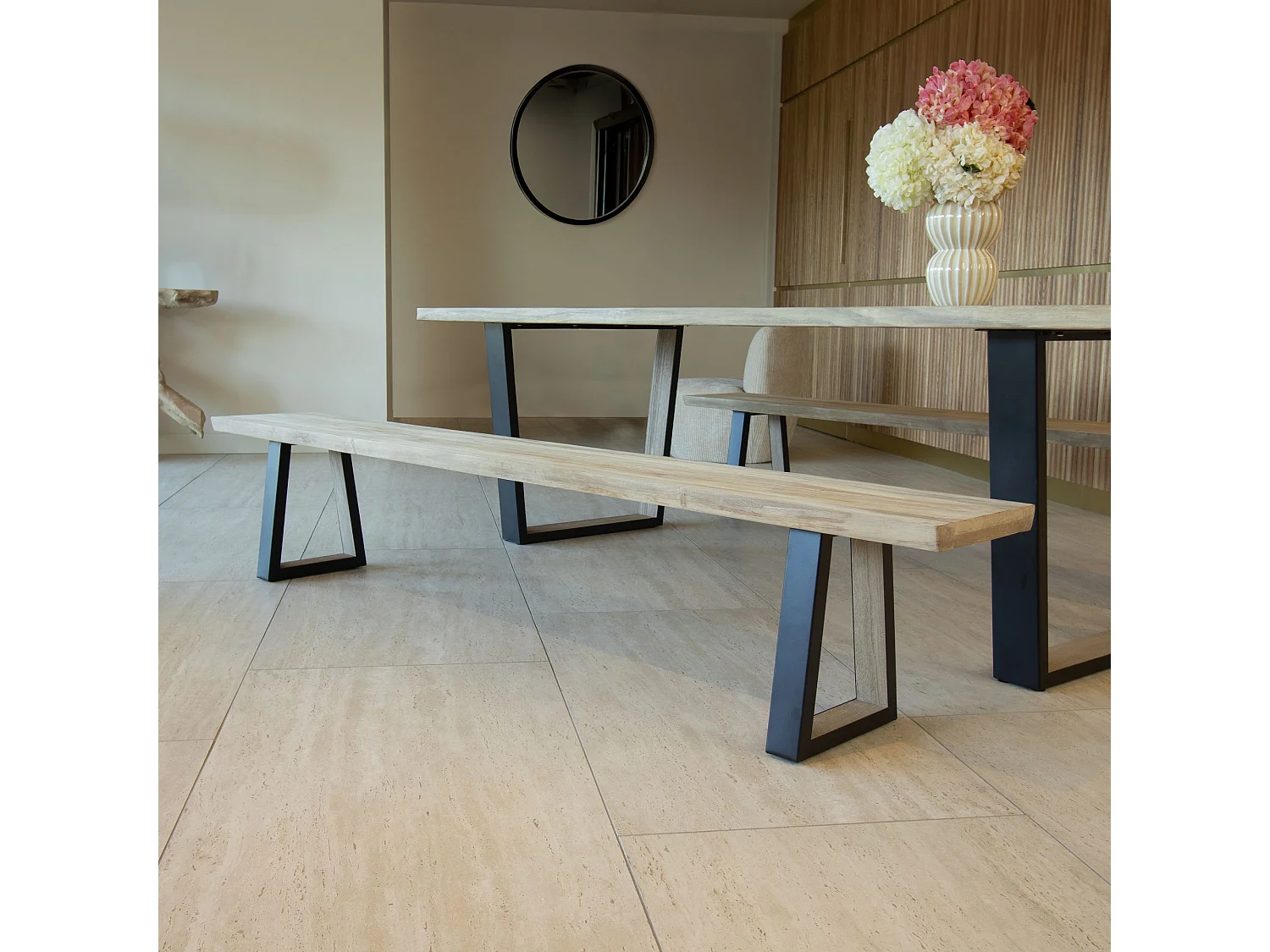 Now's Home - Lot2 Banc En Bois De Pin Et  Acacia Pieds Métal Noir 220x30x41cm Hera