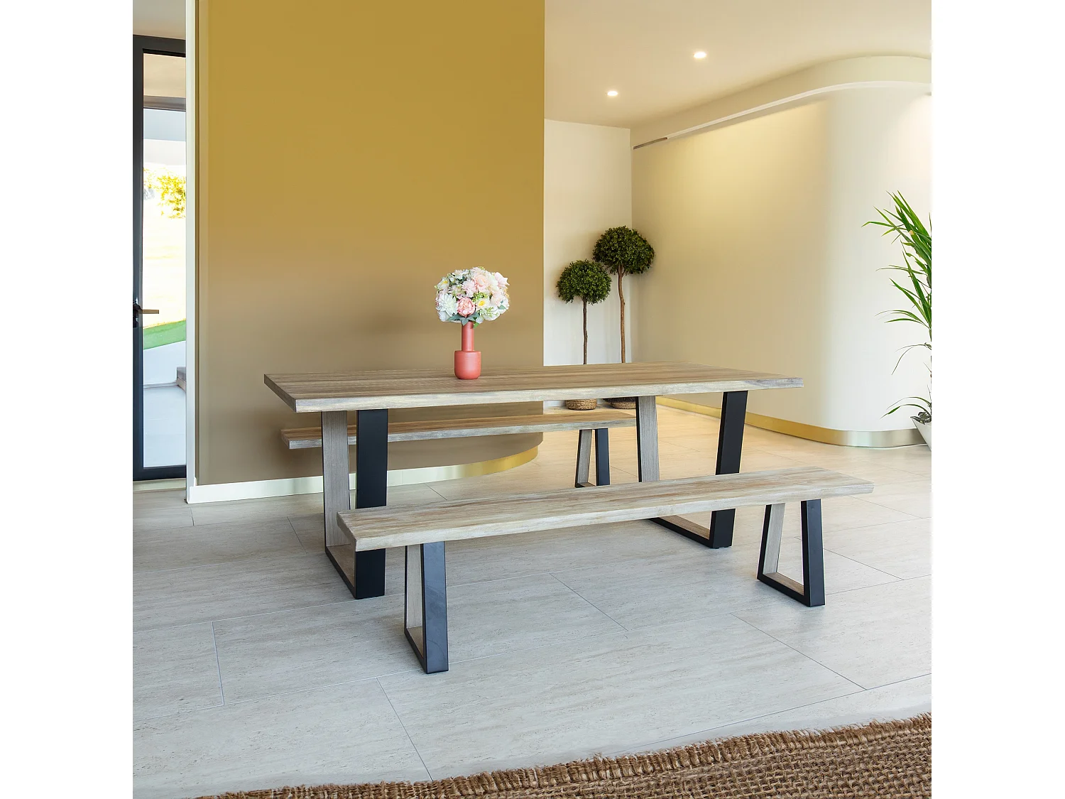 Now's Home - Lot2 Banc En Bois Acacia Naturel Et Pieds Metal Noir 180x30x41cm Hera