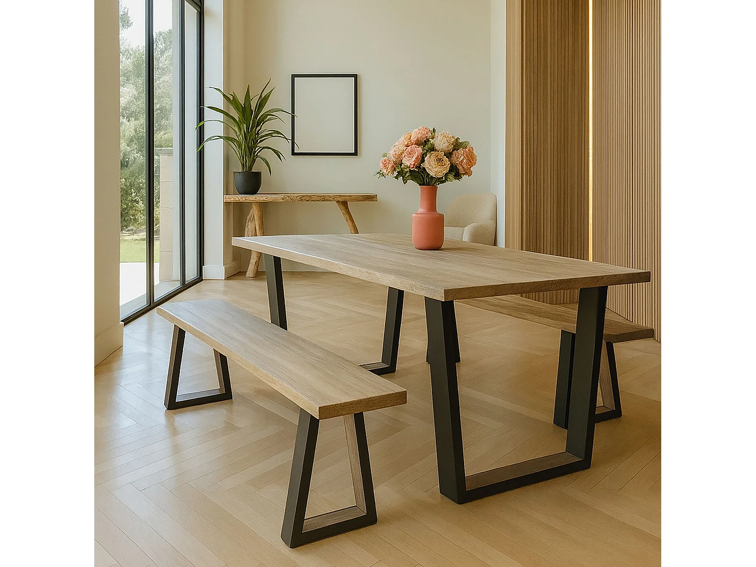 Now's Home - Lot2 Banc En Bois Acacia Naturel Et Pieds Métal Noir 180x30x41cm Hera