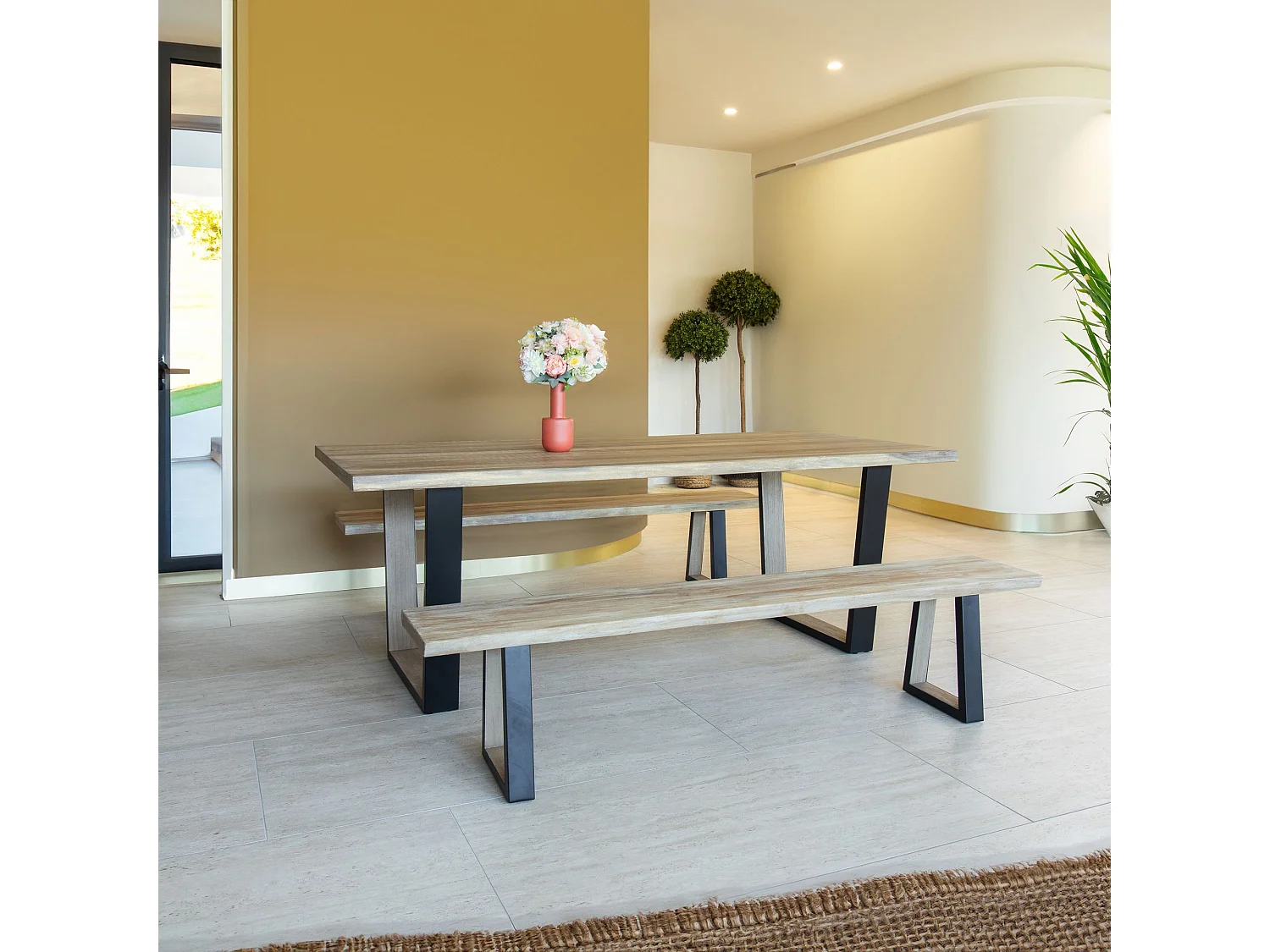 Now's Home - Lot2 Banc En Bois Acacia Naturel Et Pieds Métal Noir 180x30x41cm Hera